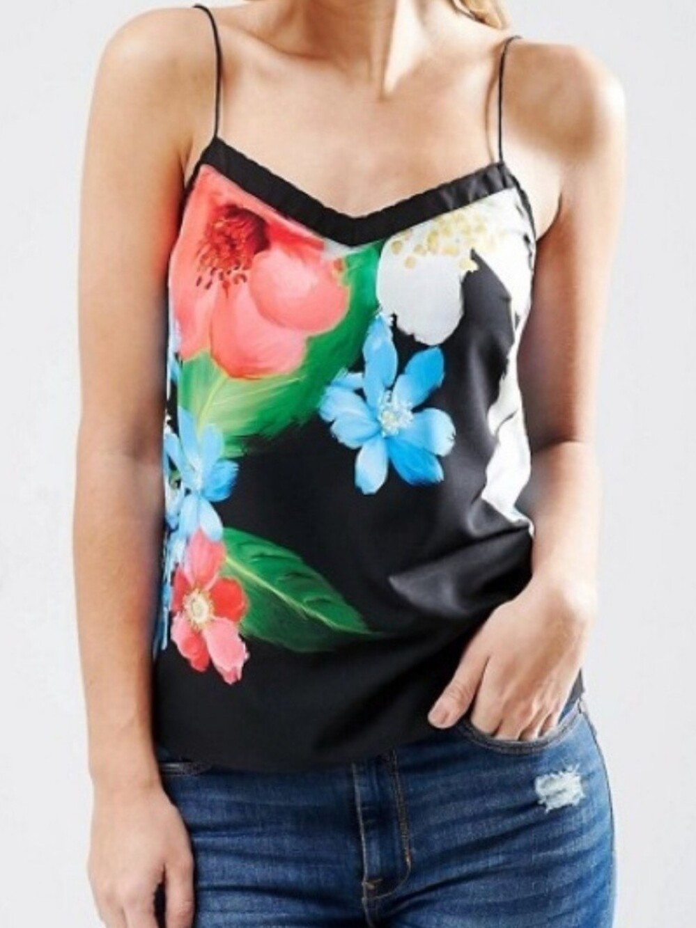 Ted Baker Ericca Floral Print Cami Tank Top Forget Me Not Black Women's Size L
